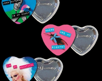 John Waters and Drag Queen Divine Heart Pinback Button | Film LGBT+ Adult Gift | Movie Lover | Tacky Femme Accessories