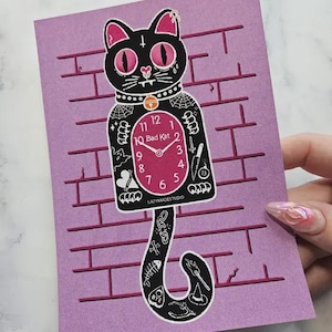 Bad Kat Clock 5 x 7 Print | Cat Kitten | Punk Wall Decor | Tattoo Flash Illustration | Graphic Design Poster | Kitsch Kitchen Cat Mom