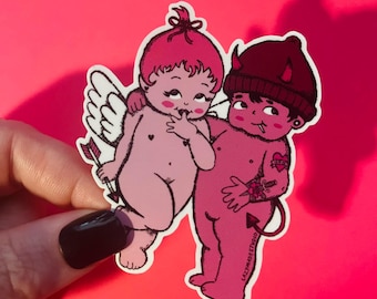 Stupid Cupid Waterproof Sticker| Feminist Kewpie Tattoo Illustration | Valentines Woman Empowerment Graphic Design Laptop Decal