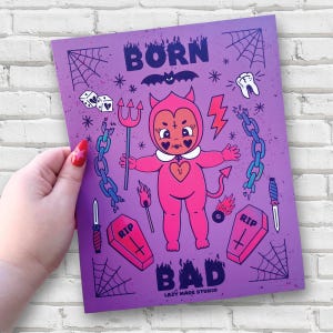 Born Bad Purple 8 x 10 Art Print | Kewpie | Feminist Wall Decor | Tattoo Flash Illustration | Graphic Design Poster | Vintage Baby Doll
