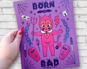 Born Bad Purple 8 x 10 Art Print | Kewpie | Feminist Wall Decor | Tattoo Flash Illustration | Graphic Design Poster | Vintage Baby Doll