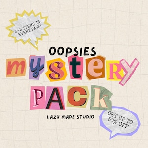 May include: A colorful graphic design with the text "OOPSIES mystery PACK" in a collage style. The text is in a variety of colors and fonts. The design also includes the text "LAZY MADE STUDIO" and "GET UP TO 50% OFF".