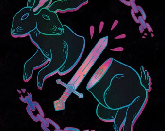 Slashed 8 x 10 Art Print | Bunny Rabbit Illustration | Neon Feminist Wall Decor | Woman Empowerment | Punky Punk Goth Girl Graphic | Tattoo