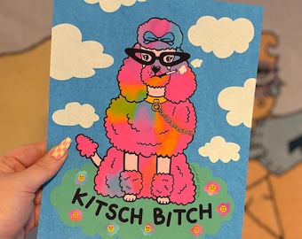 Kitsch Bitch 8 x 10 Art Print | Poodle Smoking Dog Illustration | Nature Dogs Vintage Wall Decor  | Cute Design Poster