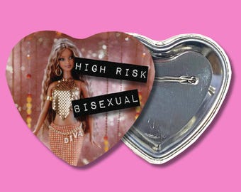High Risk Bisexual Doll Lgbtq+ Heart Pinback Button | Queer WLW Pride | Kiss more Girls | Still Bi Accessories