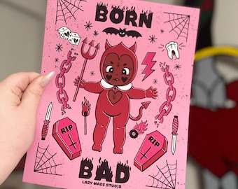 Born Bad Pink 8 x 10 Art Print | Kewpie | Feminist Wall Decor | Tattoo Flash Illustration | Graphic Design Poster | Vintage Baby Doll
