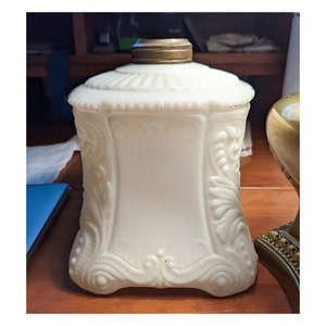 Embossed Milk Glass Lamp Font Kerosene Oil Embossed Fern Pattern Tall Square HTF