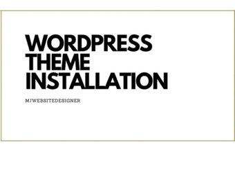 Può includere: Un grafico rettangolare con sfondo bianco e un sottile bordo dorato. Il testo recita WORDPRESS THEME INSTALLATION in lettere maiuscole nere in grassetto, con il testo più piccolo MJWEBSITEDESIGNER posizionato subito sotto in nero.