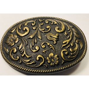 Western Belt Buckle Tooled Flowers Vintage Made in USA ~Stamped