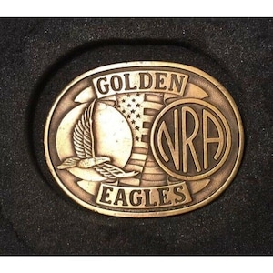 Vintage NRA GOLDEN EAGLES Belt Buckle Brass American Flag With Original Box
