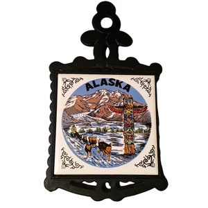 Vintage Ceramic Alaskan Tile/Trivet Totem Pole & Dog Sled Team Cast Iron Frame Art