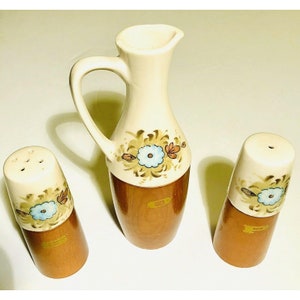 Vintage Condiment Porcelain Wood Mid Century Cruets Set~ Salt, Pepper, Oil~ Japan~ Flowers