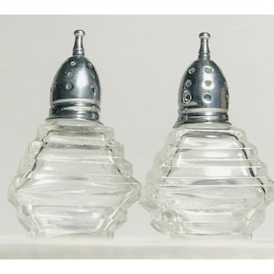 Vintage Glass Salt & Pepper Shakers Square Art Deco Mid Century Modern