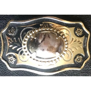 Jasper Natural Stone Western Belt Buckle~Black And Silver Flower Tooling