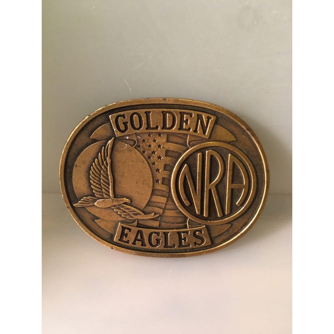 Vintage NRA GOLDEN EAGLES Belt Buckle Brass American Flag With Original