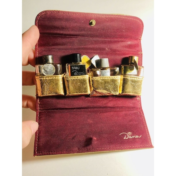 Vintage RARE Dana Perfume Travel Case 4 Bottles~ Emir, 20 Carats, Platine, Tabu