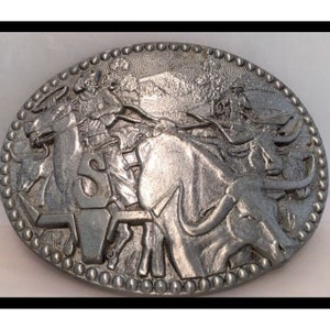 Belt Buckle ZEE SERIES Cowboys and Long Horn Steer Cattle Drive 3D Rodeo Western