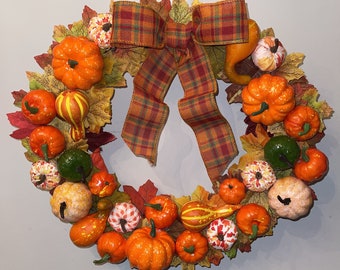 Fall Harvest Pumpkin & Gourd Wreath Seasonal Handmade Decor