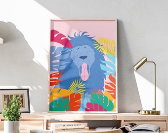 Blue Lion Art Print: Maximalist Lion Portrait, Colorful Home Decor