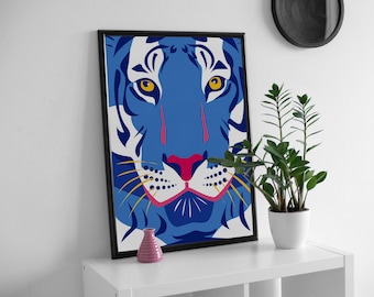 Kunstdruk blauwe tijger: abstract maximalistisch tijgerportret
