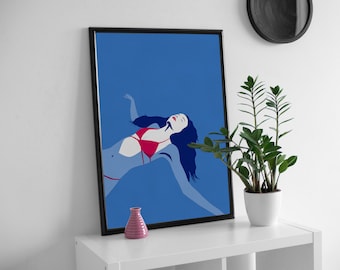 May include: A framed illustration of a woman in a red bikini lying on her back in a blue pool of water.