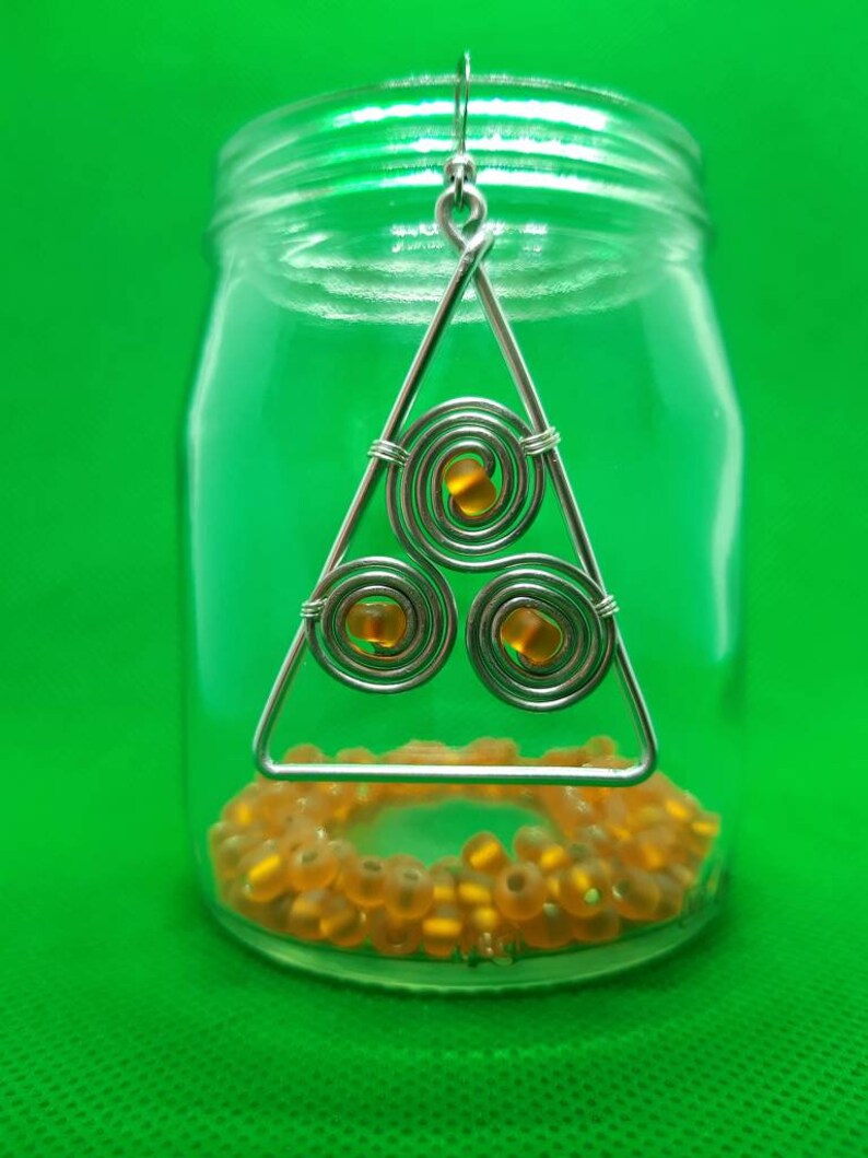 Celtic Goddess Earrings \u2022 Orange Triskelion Wire Earrings \u2022 Handcrafted Earrings