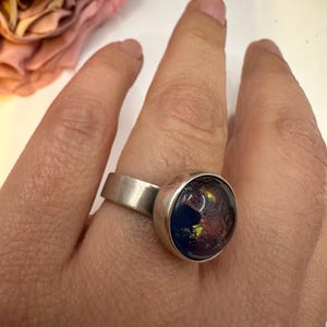 Echtsilber Ring 925 Vintage Silber Opaldouplette 17mm Damen 1970er Germany Lila Punkt Edelstein rund massiv