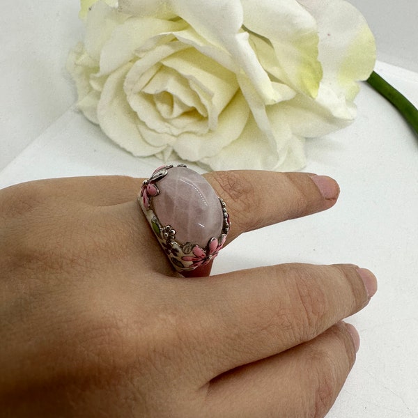 David Sigal ring silver 925 enamel pink colorful flowers rose quartz 17 mm/54 like new designer flower