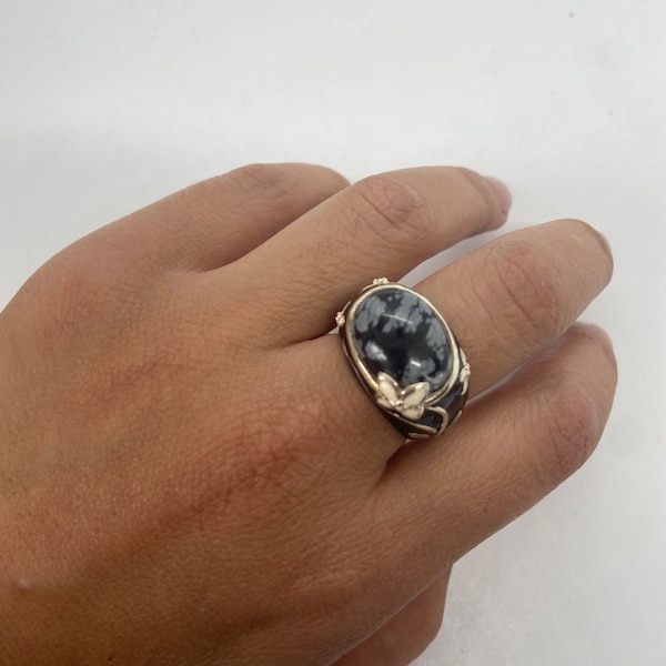 David Sigal ring silver 925 enamel black flowers jasper 18 mm designer vintage, like new USA real silver