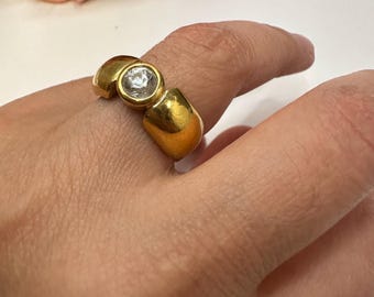 Grossé Christian Dior stainless steel ring, gold-plated, cubic zirconia, adjustable, rare vintage designer jewelry, Germany top!