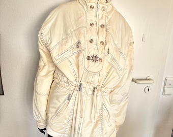 Sportalm chaqueta de esquí crema/blanco 42/XL chaqueta de invierno vintage retro 1980s cálido satén al aire libre Alemania