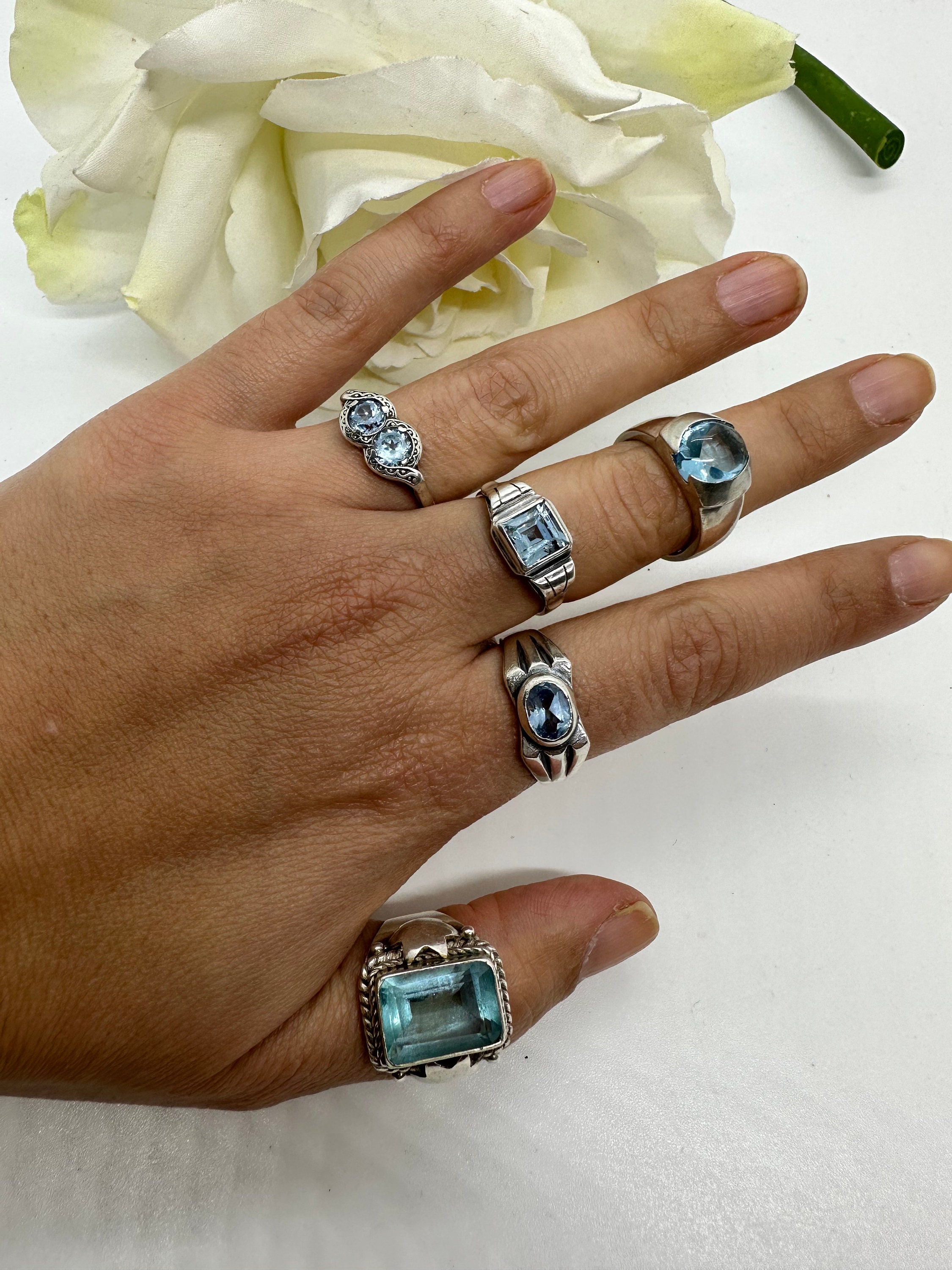 Rings 925/835 Vintage Blue Stone Glass Retro Art Deco Jugendstil