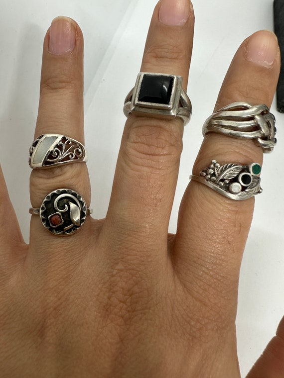 Ring Vintage 925 16 Mm/50 Germany Coral Onyx Mother of Pearl
