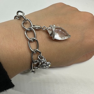 Berlockarmbandshänge, armbandsberlock, rostfritt stål, kubisk zirkonia, vintage 2000-talsretro, hjärta yin/yang isbjörn, 20 cm lång, Tyskland