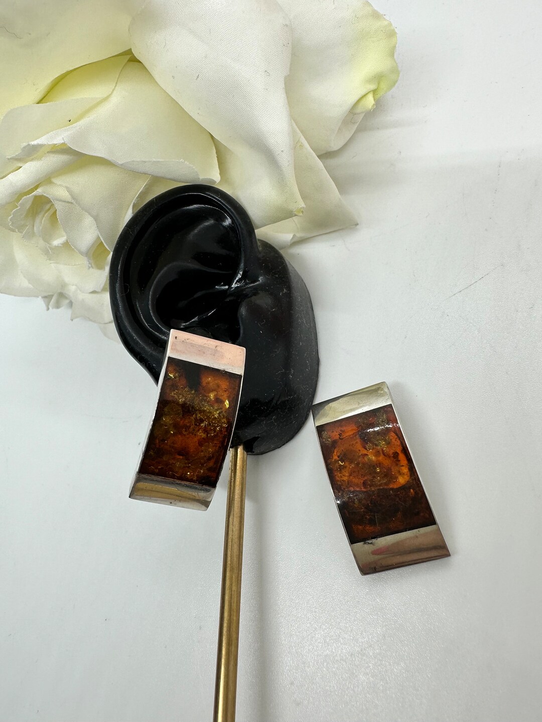 Rectangular Ear Clips Amber Large Real Silver Ear Clips Earrings Designer Rectangular Natural ...