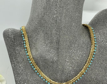 Luxury vintage necklace, stainless steel, turquoise gold-plated, short, 1970s bicolor wide link chain Hollywood adjustable