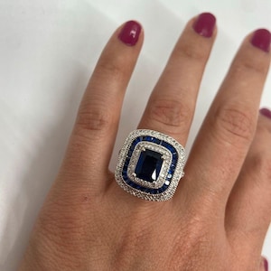 Hollywood stainless steel ring, silver-plated, blue cubic zirconia, 18.5 mm, like new, designer silver jewelry, Germany, top quality!