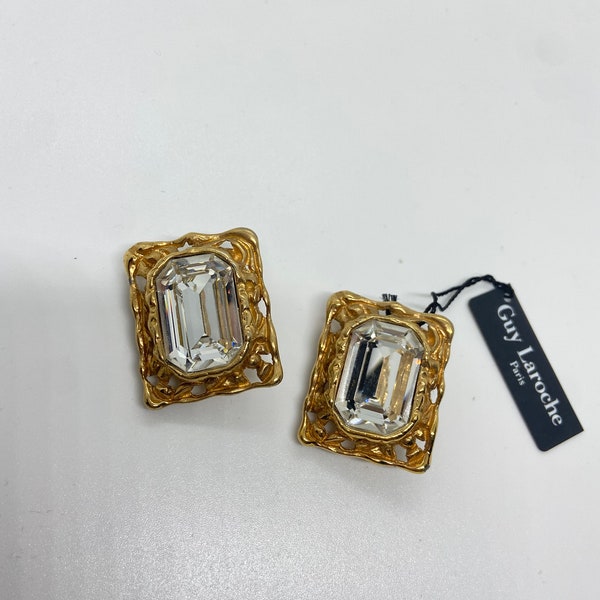 Guy Laroche ear clips vintage gold plated new stainless steel rhinestones 1980s Paris designer rhinestone gift france