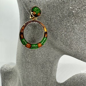 Ear clips pendant vintage Murano stainless steel 1980s original pendulum round circle designer Murano glass 80s Mallorca brown green