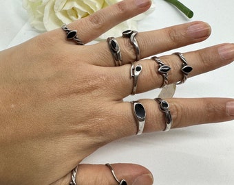 Vintage ring 925 fine black onyx real silver new 18 mm/55 1980s boho minimalist elegant Germany new