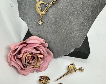 LR Lady Ramington Schmuckset vintage Edelstahl vergoldet Kette Ohrclips Brosche Zirkonia goldfarben Mond Stern