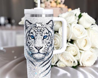 Bling Tiger Animal White Stanley Tumbler, 30 oz 40 oz Quencher Crystal Rhinestone Custom Personalized Stainless Steel Bedazzled Cup