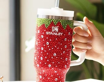 Bling Strawberry Fruit Stanley Tumbler, 30 oz 40 oz Quencher Crystal Rhinestone Custom Personalized Stainless Steel Bedazzled Cup