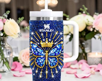 Vaso Stanley con diseño de mariposa brillante, 30 oz y 40 oz, con cristales de imitación, personalizado, de acero inoxidable, con detalles deslumbrantes.