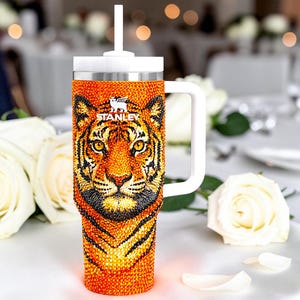 Bling Tiger Animal Stanley Tumbler, 30 oz 40 oz Quencher Crystal Rhinestone Custom Personalized Stainless Steel Bedazzled Cup image 1