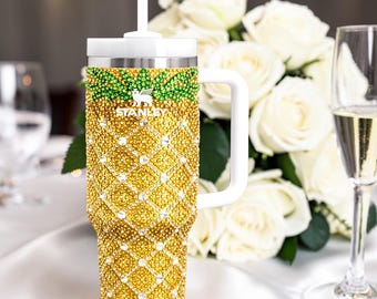 Bling Pineapple Fruit Stanley Tumbler, 30 oz 40 oz Quencher Crystal Rhinestone Custom Personalized Stainless Steel Bedazzled Cup