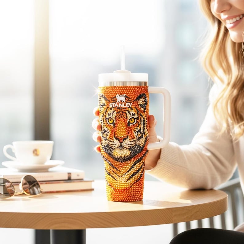 Bling Tiger Animal Stanley Tumbler, 30 oz 40 oz Quencher Crystal Rhinestone Custom Personalized Stainless Steel Bedazzled Cup image 4