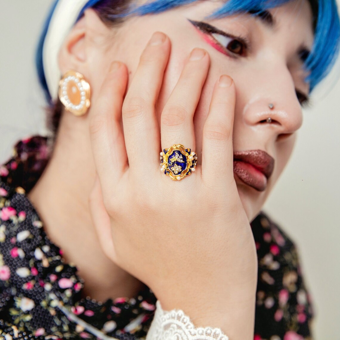 Ring Rings for Women Statement Rings Blue Gold Victorian Etsy