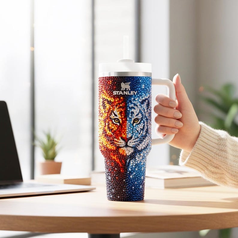 Puede incluir: Un vaso Stanley grande y aislado con asa y tapa blancas. El vaso presenta un dise&ntilde;o dividido: un lado es naranja y rojo fuego, el otro azul fr&iacute;o, ambos representan la cara de un tigre. El logotipo de Stanley es visible.