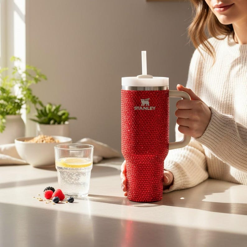 Puede incluir: Un vaso Stanley rojo con tapa y asa blancas, adornado con brillantes adornos. El vaso tiene una pajita blanca y el logotipo de Stanley. Un vaso de agua con una rodaja de lim&oacute;n y bayas en primer plano.